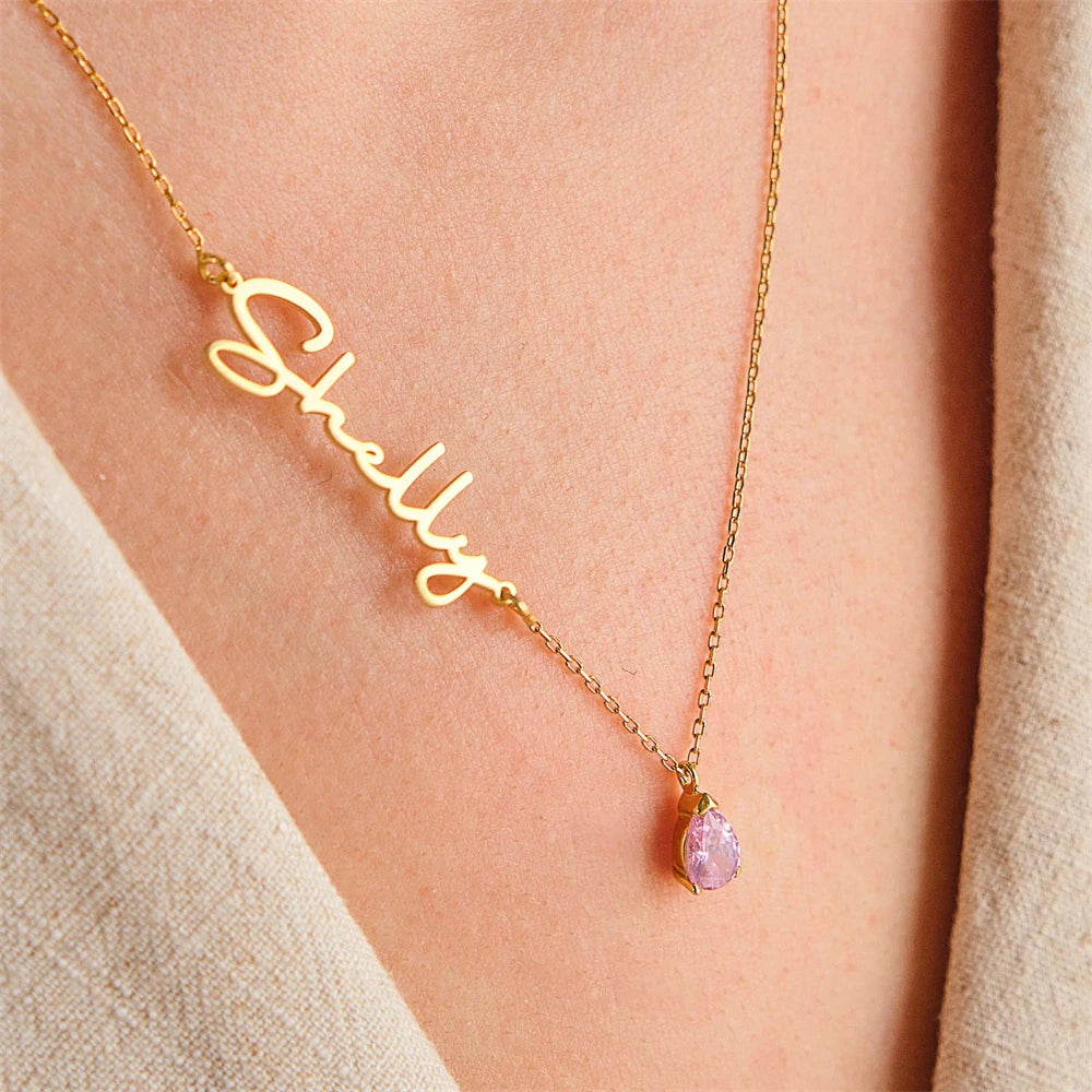Sideways Name Birthstone Necklace