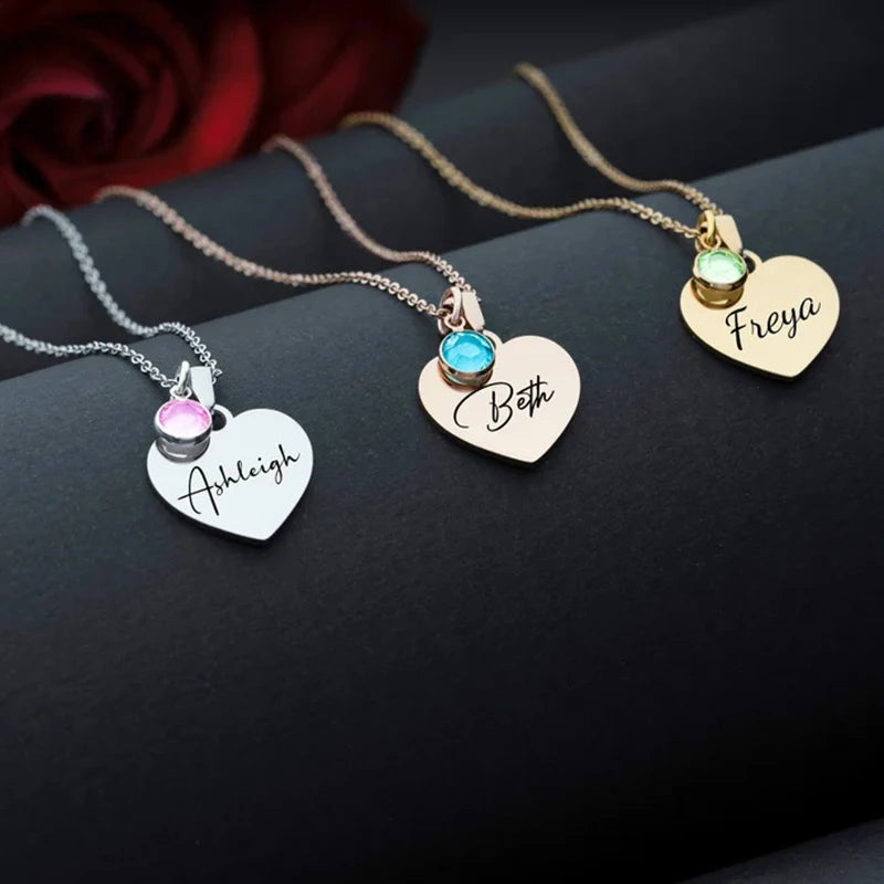 Engraved Heart Pendant with Birthstone
