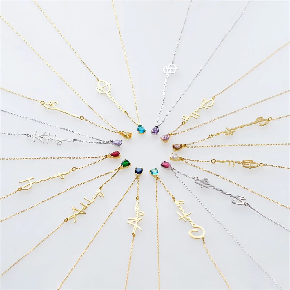 Sideways Name Birthstone Necklace